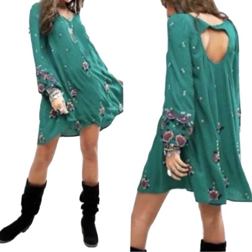 Free People Boho Embroidered Mini Dress Teal Open Back Oversized SZ XS EUC